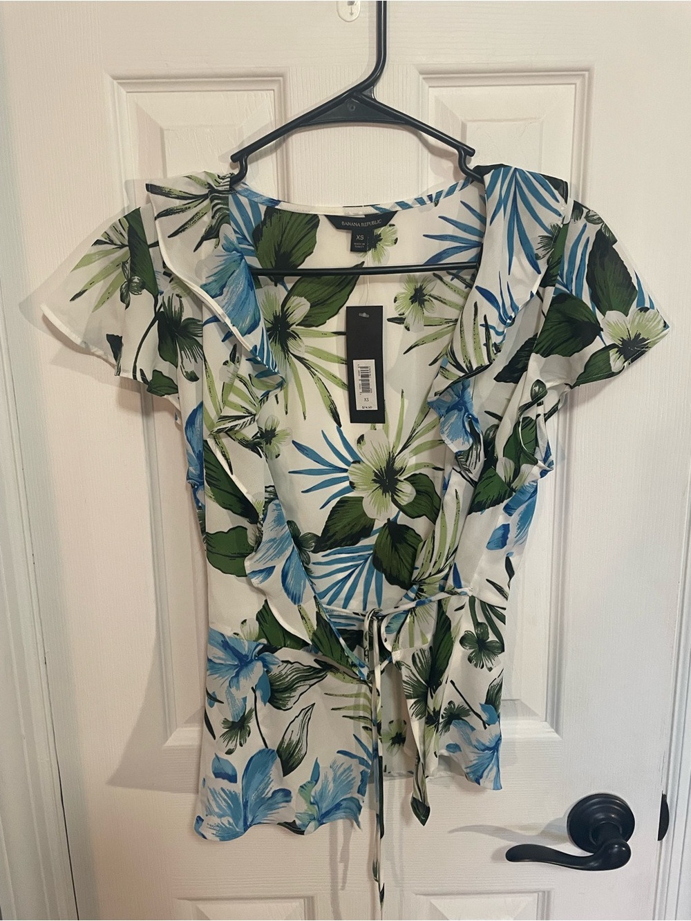 Banana Republic White Floral Wrap Blouse with Blue & Green Leaves